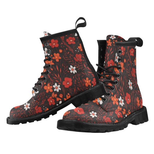 Red Floral Women's Boots, Flowers Vegan Leather Lace Up Shoes Print Ankle Punk Combat Gothic Winter Ladies