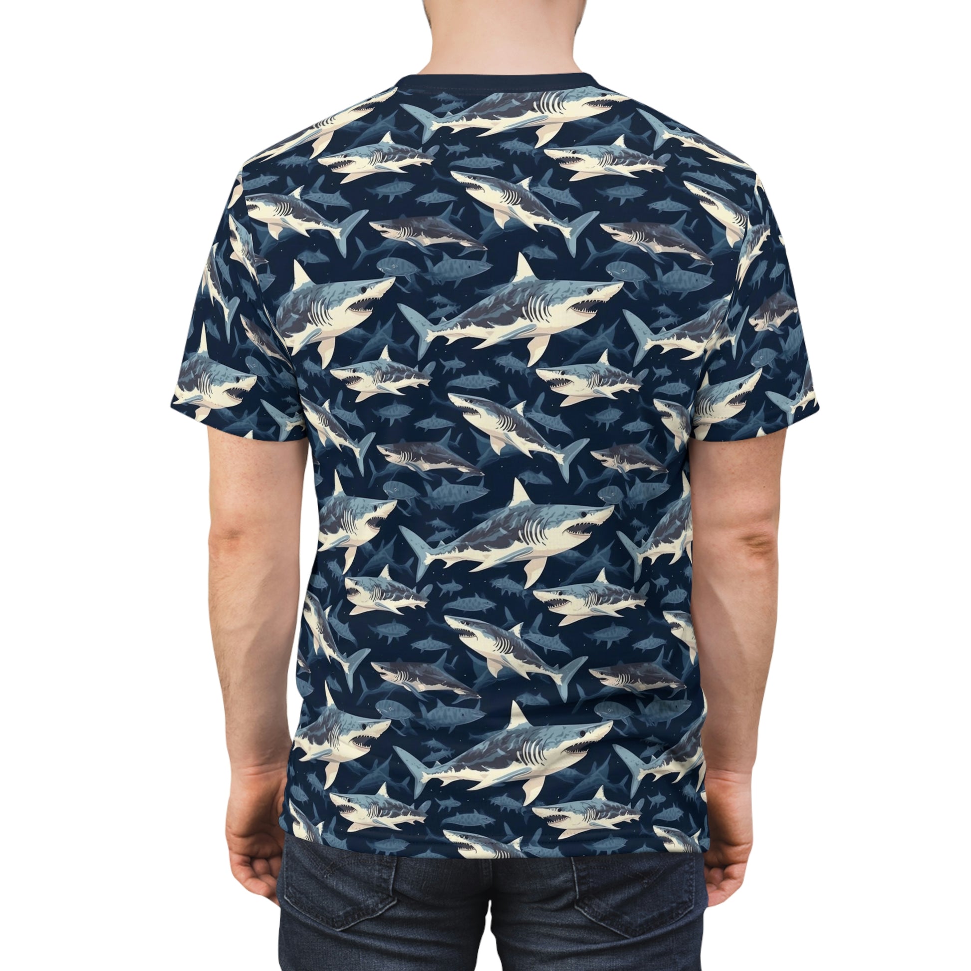 Great White Shark Men Tshirt, Blue Navy Ocean Sea Fish Designer Graphic Aesthetic Crewneck Unisex Tee Top Short Sleeve Shirt Starcove Fashion