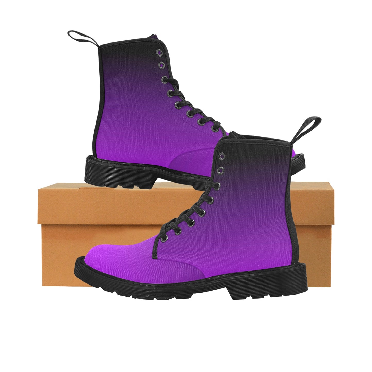 Purple Black Ombre Women's Boots, Gradient Dip Dye Vegan Canvas Lace Up Shoes Print Army Ankle Combat Winter Casual Custom Gift Starcove Fashion