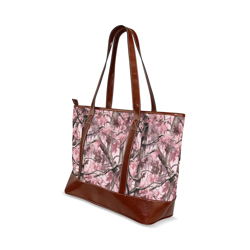 Pink Camo Canvas Tote Bag with Zipper, Real Camouflage Waterproof Pockets Print Beach Pool Designer Fabric Shoulder Handbag Women Purse