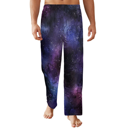 Galaxy Space Men Pajamas Pants, Universe Cosmos Purple Satin PJ Pockets Sleep Lounge Trousers Couples Matching Trousers Bottoms