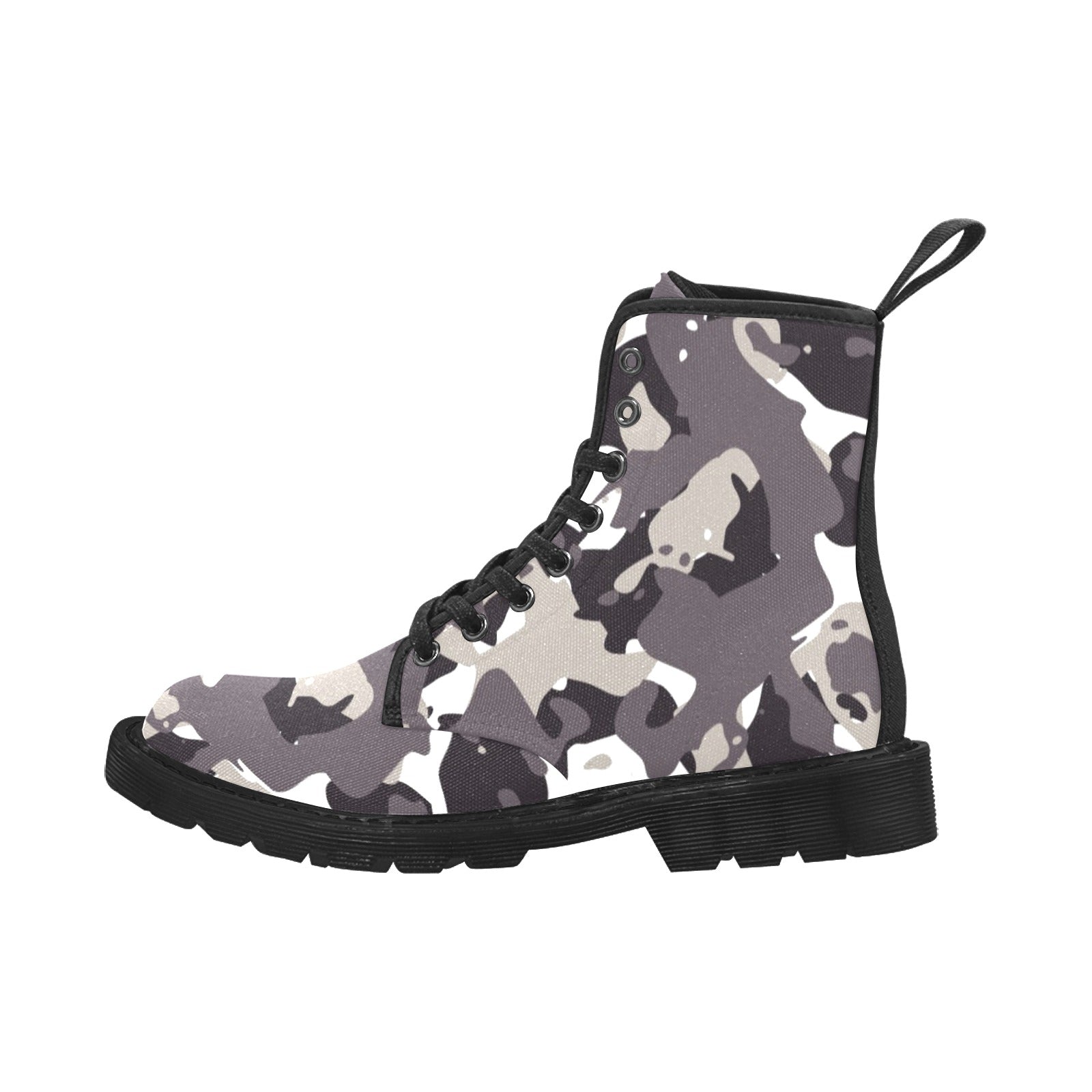 Camo Men Combat Boots, Camouflage Grey Black Designer Pattern Vegan Canvas Festival Party Lace Up Shoes Print Casual Custom Lightweight Starcove Fashion