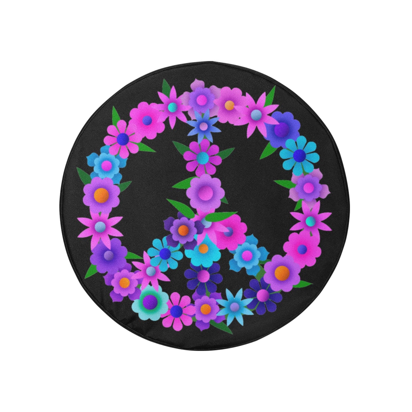 Peace Sign Spare Tire Cover, Pink Purple Flowers Floral Hippie Black Wheel Auto Back Up Camera Hole Unique Design Women Back RV Trailer