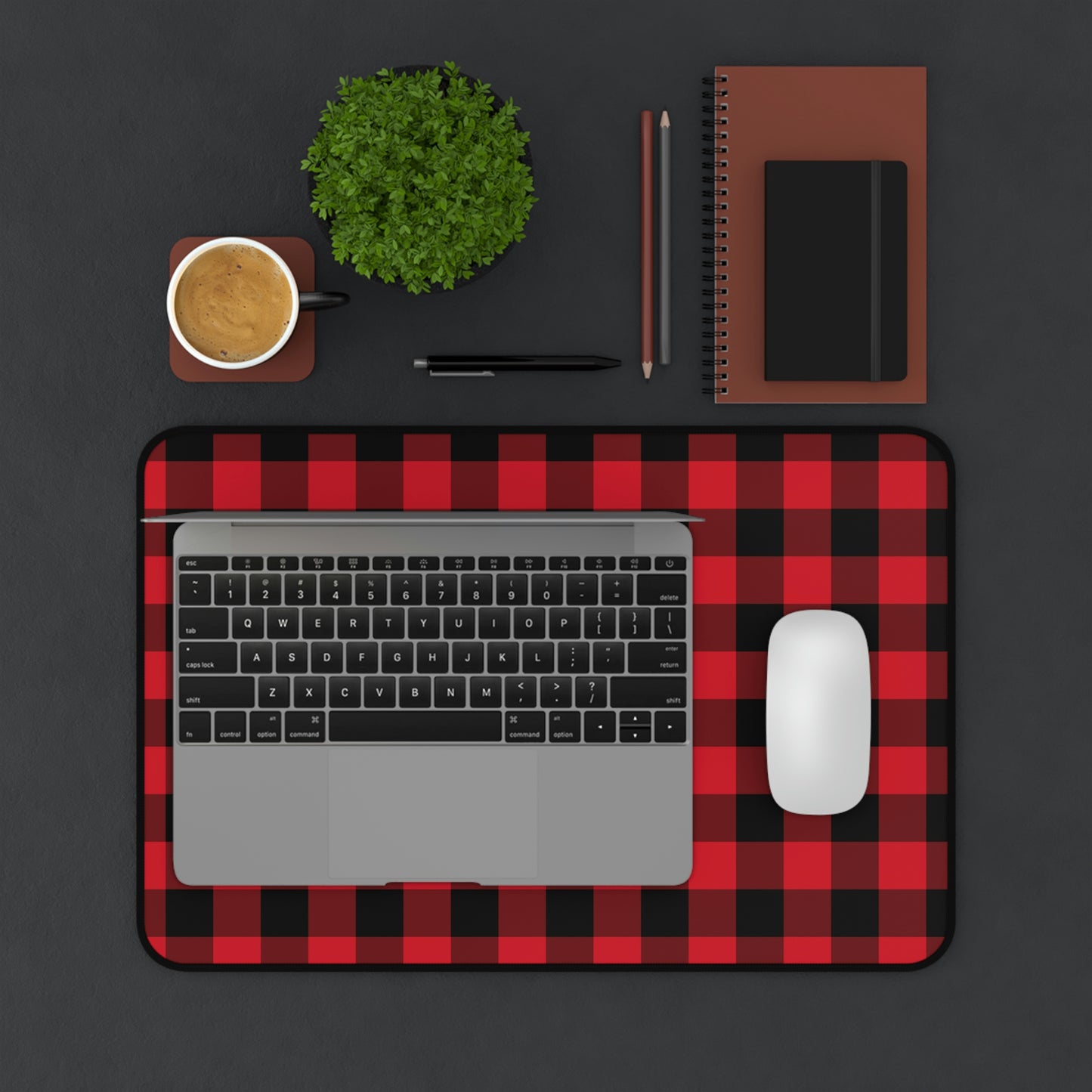 Red Black Buffalo Plaid Desk Mat, Check Checkered Holiday Large Small Wide Gaming Keyboard Mouse Unique Laptop Pad