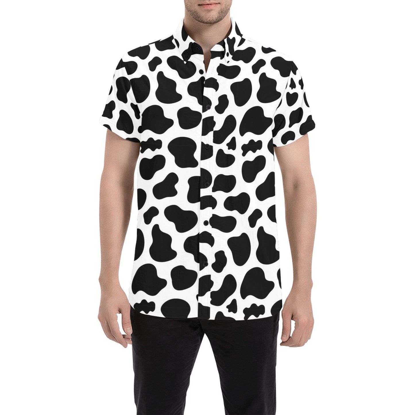 Cow Short Sleeve Men Button Up Shirt, Animal Black White Print Print Casual Buttoned Down Summer Collared Dress Shirt Plus size