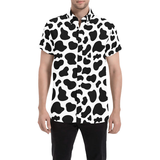 Cow Short Sleeve Men Button Up Shirt, Animal Black White Print Print Casual Buttoned Down Summer Collared Dress Shirt Plus size Starcove Fashion