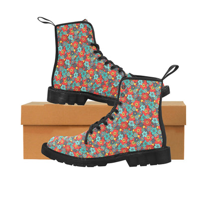 Groovy Flowers Women's Boots, Retro Vintage 70s Floral Vegan Canvas Lace Up Shoes Print Black Ankle Combat Festival Casual Custom Gift