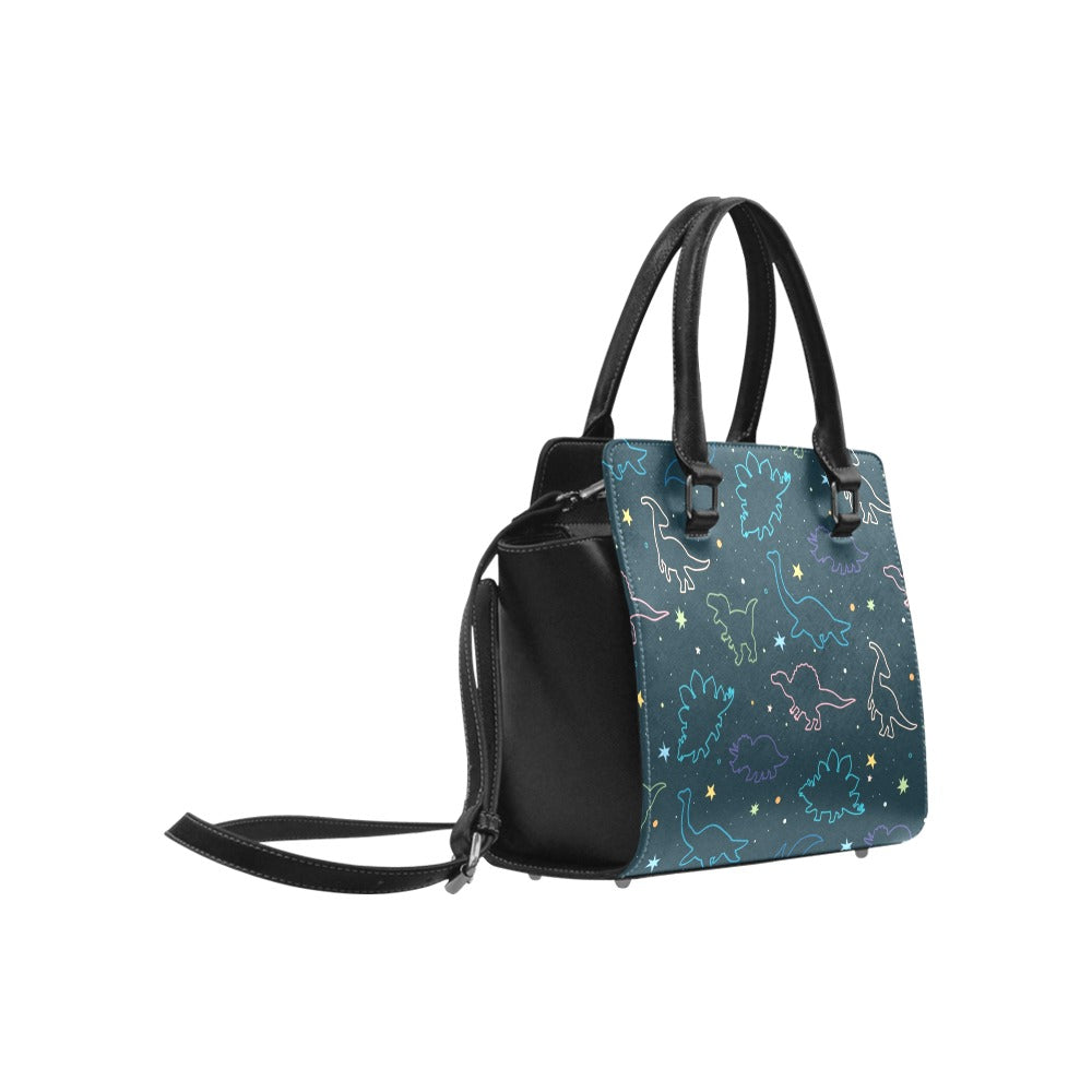 Dinosaur Purse Handbag, Cute Dino Animal Stars space High Grade Vegan Leather Designer Women Gift Satchel Top Zip Handle Bag Shoulder Strap