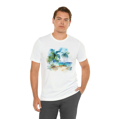 Beach Tshirt, Palm Trees Caribbean Watercolor Designer Graphic Aesthetic Crewneck Men Women Tee Top Short Sleeve Shirt