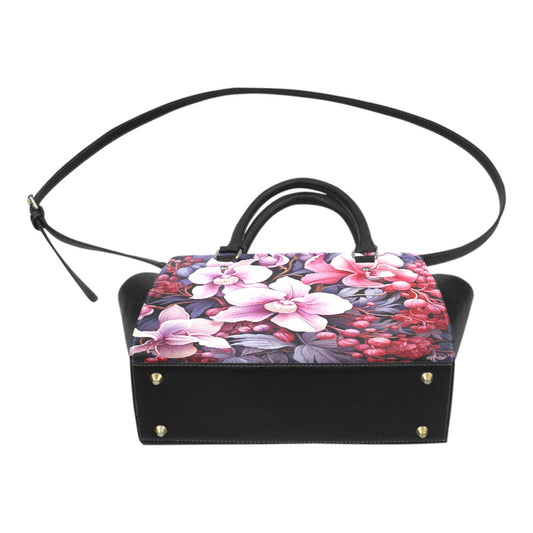 Orchids Floral Purse Handbag, Cute Flowers Pink Vegan Leather Designer Women Satchel Top Zip Handle Bag Shoulder Strap Ladies