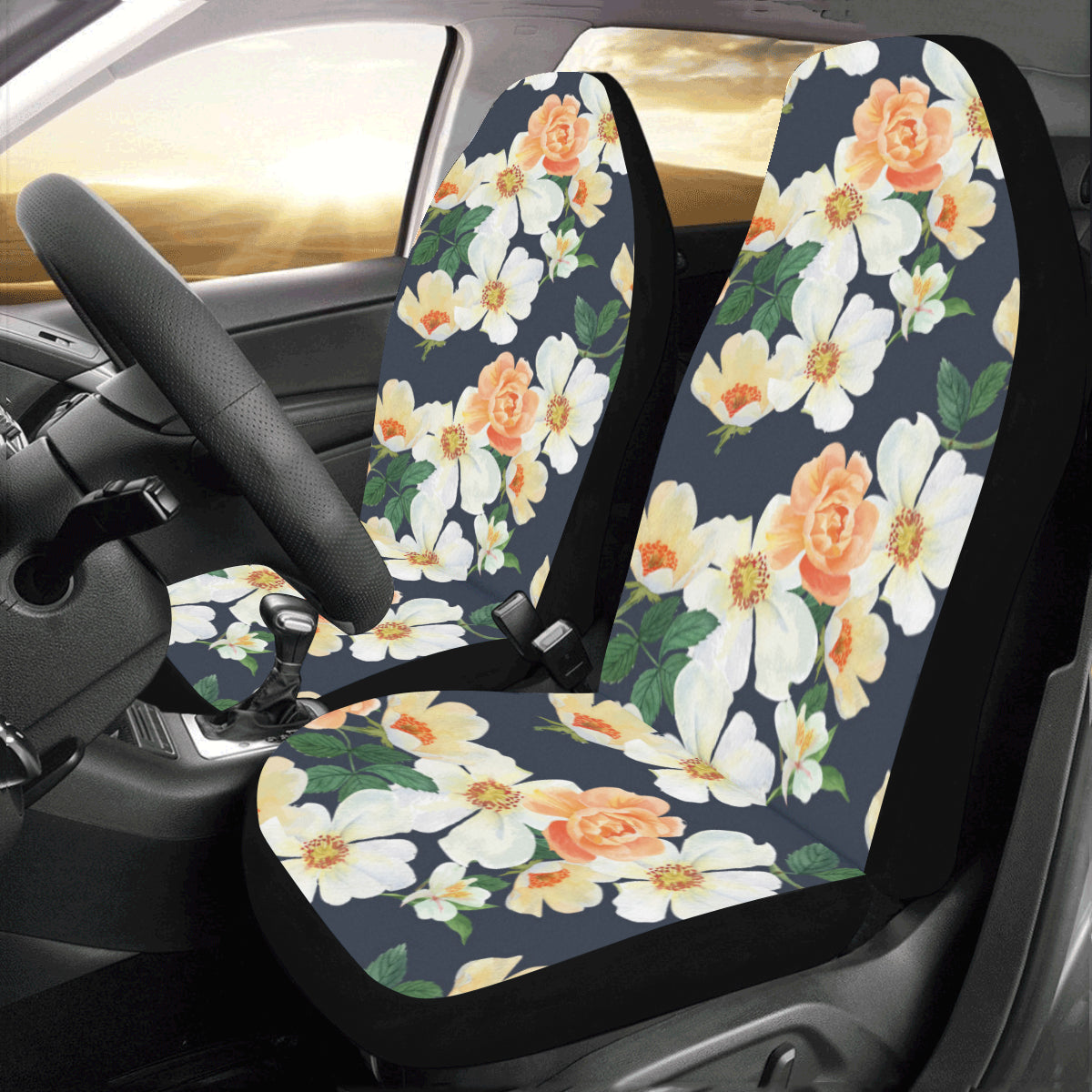 Cute Flowers Car Seat Covers 2 pc, Floral Pretty Tropical Front Seat Covers, Car SUV Vans Seat Protector Accessory Starcove Fashion