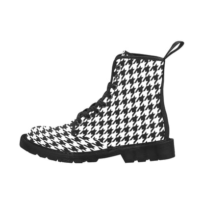 Houndstooth Women's Boots, Black White Print Vegan Canvas Lace Up Shoes Army Ankle Combat Winter Casual Custom Gift