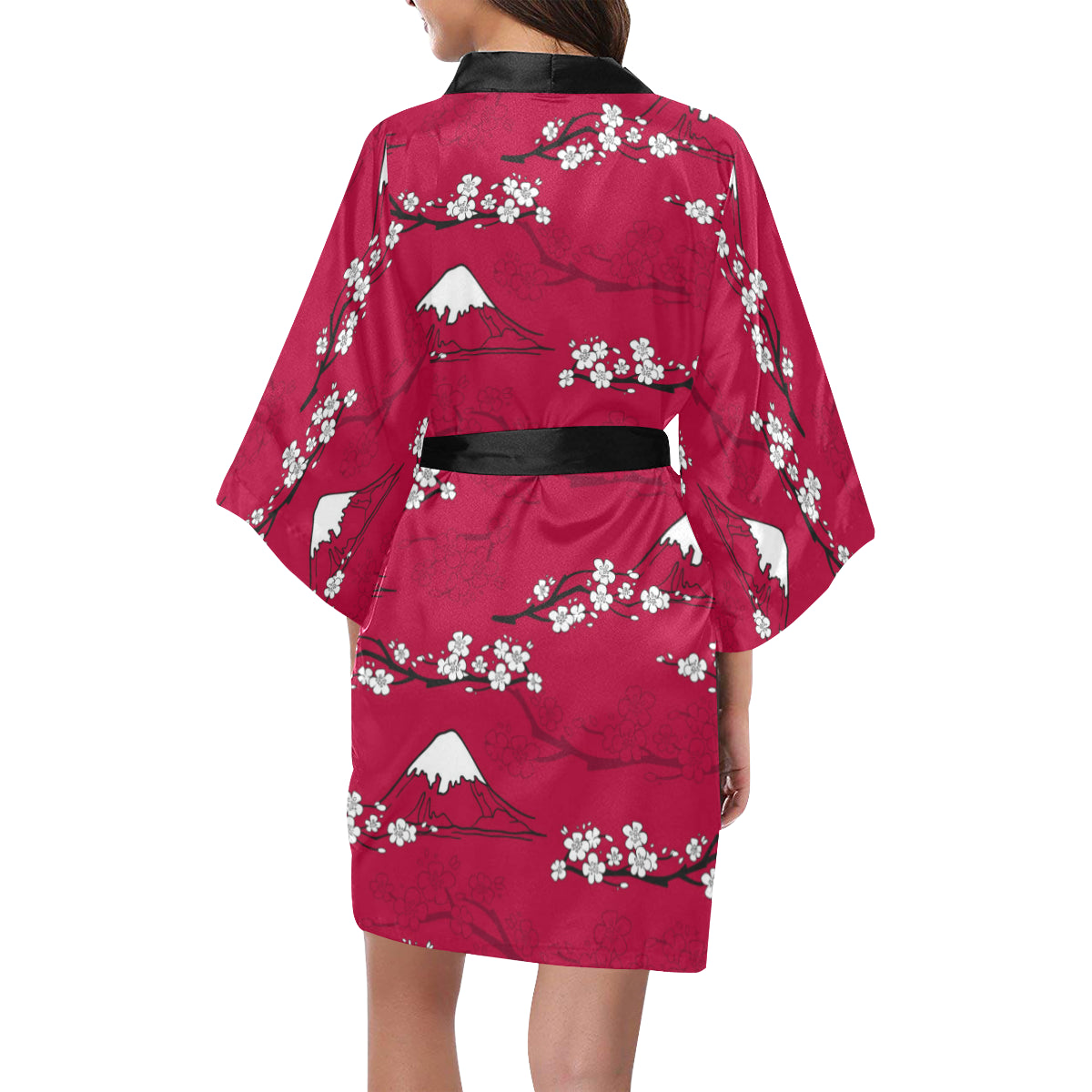 Japanese Floral Kimono Robe, Red Flowers Print Oriental Japan Peignoir Asian Women's Short Vintage Lounge Sleepwear Long Sleeve Bathrobe Starcove Fashion