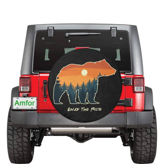 Bear Sunset Spare Tire Cover, Spare Wheel Cover Pine Trees Mountains Custom RV Camper Back Tire Camera Hole Adventurous Gift Starcove Fashion