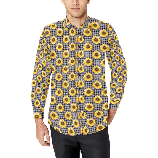 Sunflowers Long Sleeve Men Button Up Shirt, Yellow Floral Flowers Print Casual Buttoned Collared Dress Shirt with Chest Pocket Guys Male