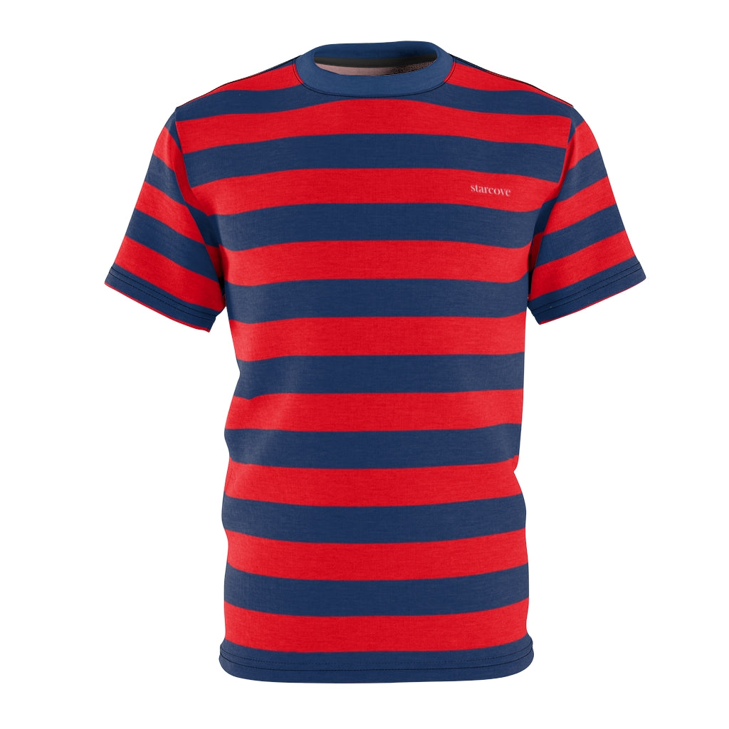 Red and Blue Striped Men T Shirt, Navy Blue Vintage Wide Horizontal Stripes  90s Adult Unisex Designer Crewneck Tee Gifts