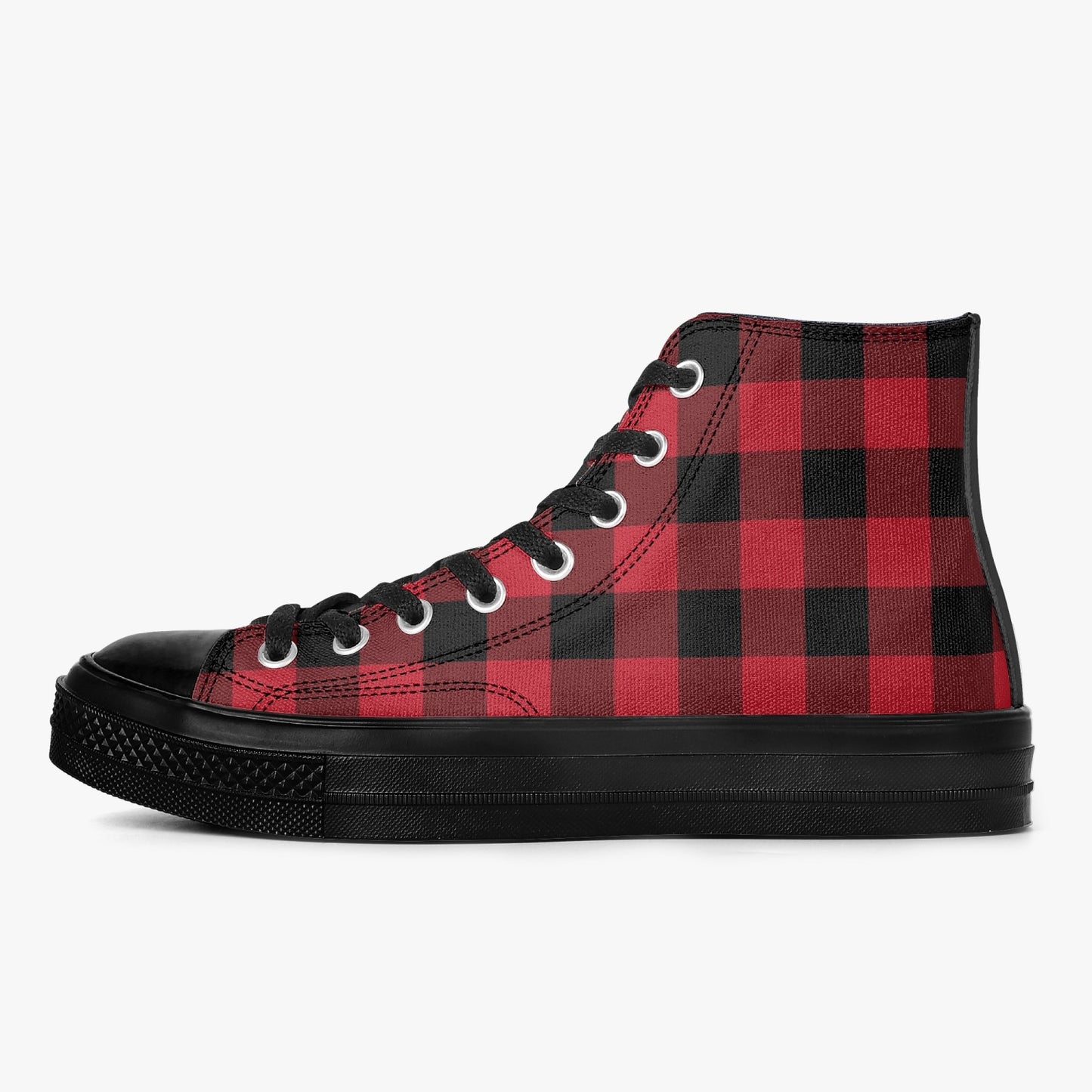 Red Buffalo Plaid High Top Shoes, Black Check Lace Up Sneakers Footwear Rave Canvas Streetwear Designer Men Women Gift Starcove Fashion