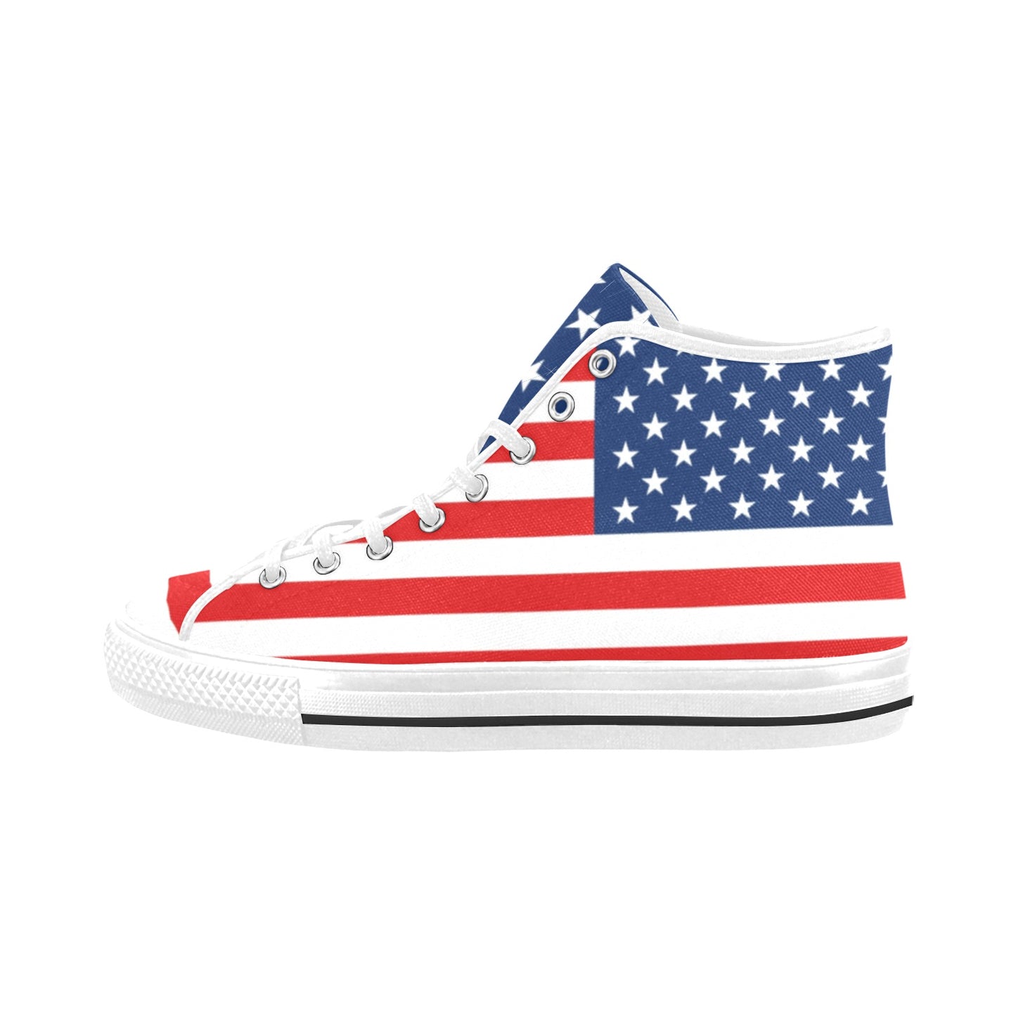 American Flag Women High Top Shoes, USA Red White Blue Stars Stripes 4th July Lace Up Sneakers Footwear Canvas Streetwear Girls Designer Active Starcove Fashion