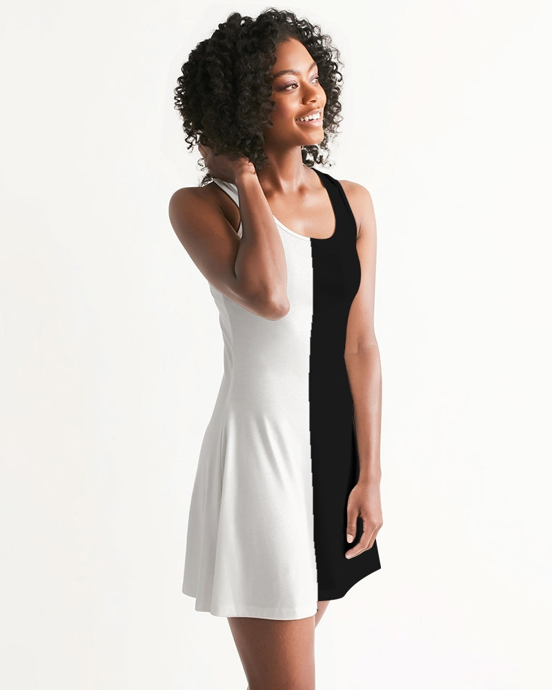 Half Black and White Women Halter Dress, Two Color Block Split 2 Tone Combo Summer Sleeveless Cocktail Mini Handmade Designer White base Color / XL Half Black and White Women Halter Dress, Two Color Block Split 2 Tone Combo Summer Sleeveless Cocktail Mini Handmade Designer White base Color / XL