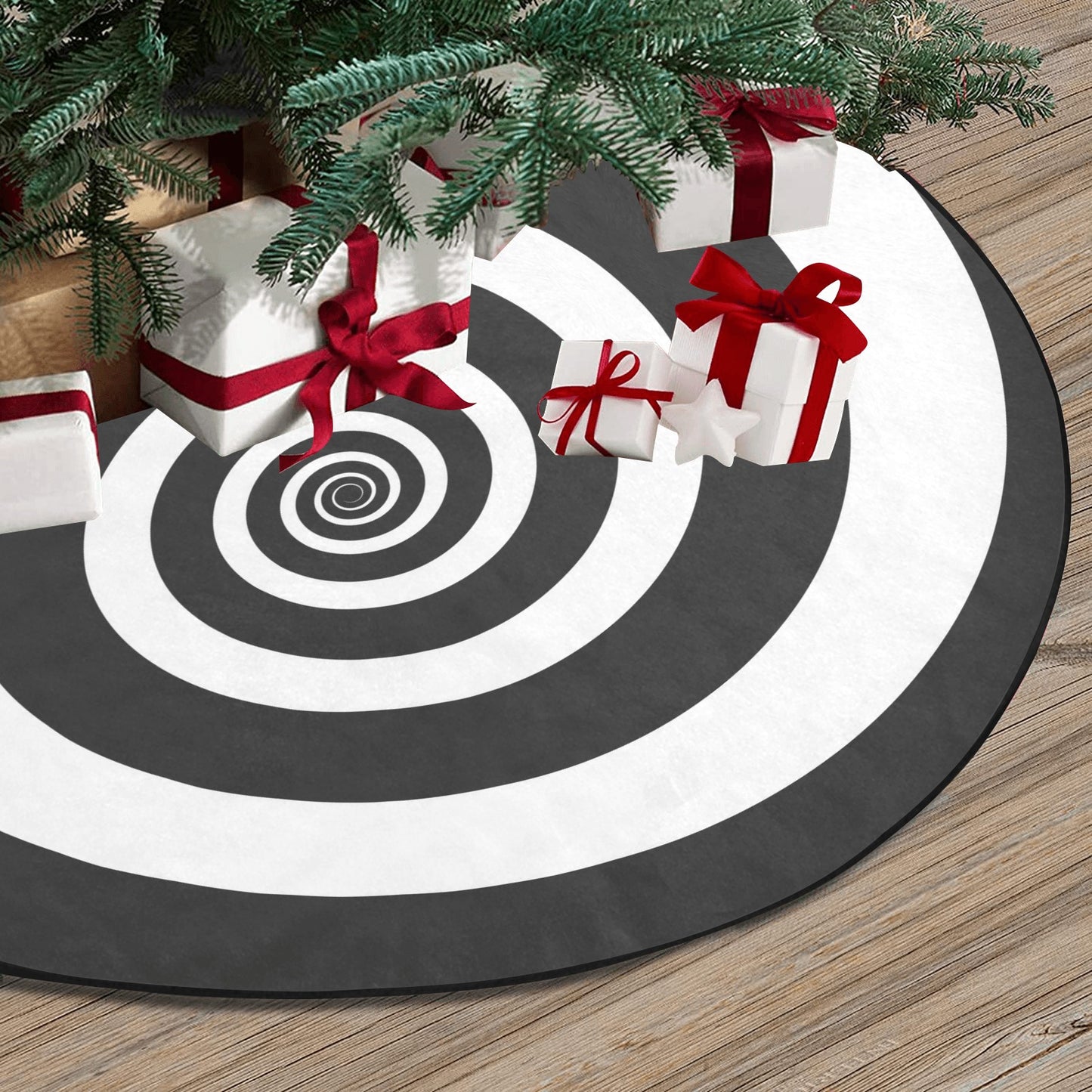 Halloween Tree Skirt, Hypnotic Spiral Black White Christmas Small Large Cover Home Decor Decoration Witch Gothic Creepy Spooky Party Starcove Fashion