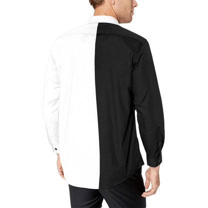 Half Black Half White Long Sleeve Men Button Up Shirt, Color Block Print Dress Buttoned Collar Dress Shirt with Chest Pocket