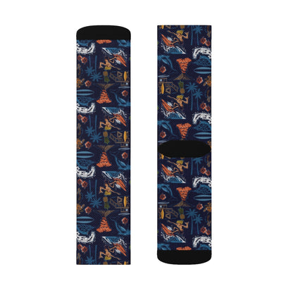 Hawaii Surfing Socks, Palm Trees Blue 3D Sublimation Socks Women Men Funny Fun Novelty Cool Funky Crazy Casual Cute Crew Unique Gift Starcove Fashion