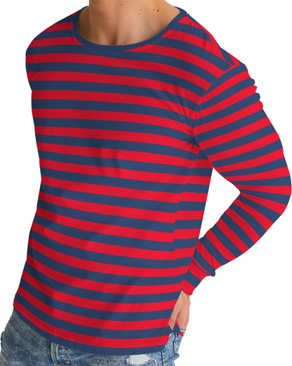 Red and Blue Stripes Men Long Sleeve Tshirt, Striped Unisex Women Designer Graphic Aesthetic Crew Neck Tee Starcove Fashion