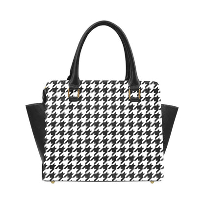 Houndstooth Shoulder Purse Handbag, Black White High Grade Vegan Leather Designer Women Gift Satchel Top Handle Zip Bag Strap