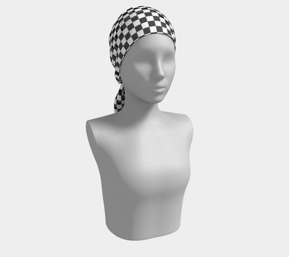Checkered Long Scarf, Black and White Check Racing Print Women Silk Satin Chiffon Head Bandana Handmade Long Men