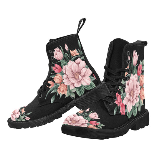 Pink Flowers Women's Boots, Vintage Cute Floral Vegan Canvas Lace Up Shoes Print Black Ankle Combat, Casual Custom Gift Starcove Fashion
