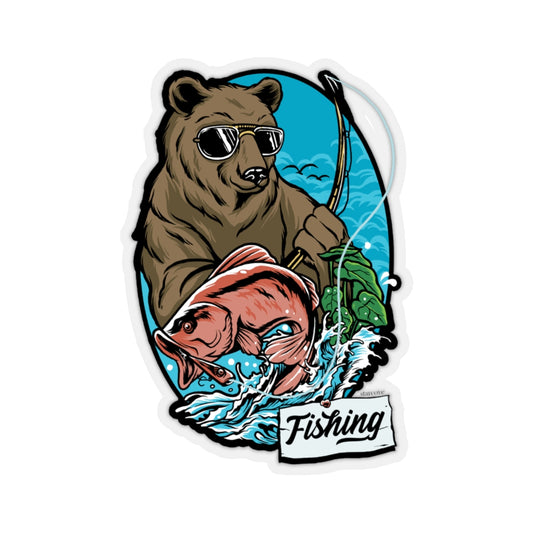 Bear Fishing Sticker, Salmon Laptop Decal Vinyl Cute Waterbottle Tumbler Car Waterproof Aesthetic Die Cut Wall Mural Gift Starcove Fashion