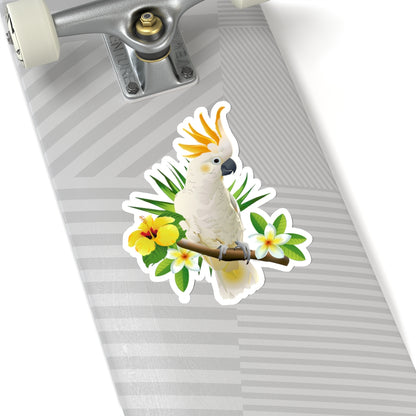 Parrot Cockatoo Sticker, Tropical White Bird Flowers Laptop Decal Vinyl Cute Waterbottle Tumbler Car Bumper Aesthetic Die Cut Wall Mural Starcove Fashion