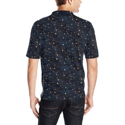 Constellation Men Polo Collared Shirt, Space Universe Pattern Casual Summer Buttoned Down Up Shirt Short Sleeve Sports Golf Tee