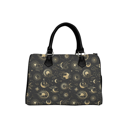Sun Moon Purse, Celestial Stars Black Gold Art Print Shoulder Handbag Canvas and Leather Boston Barrel Type Boho Designer Accessory Bag Gift Starcove Fashion