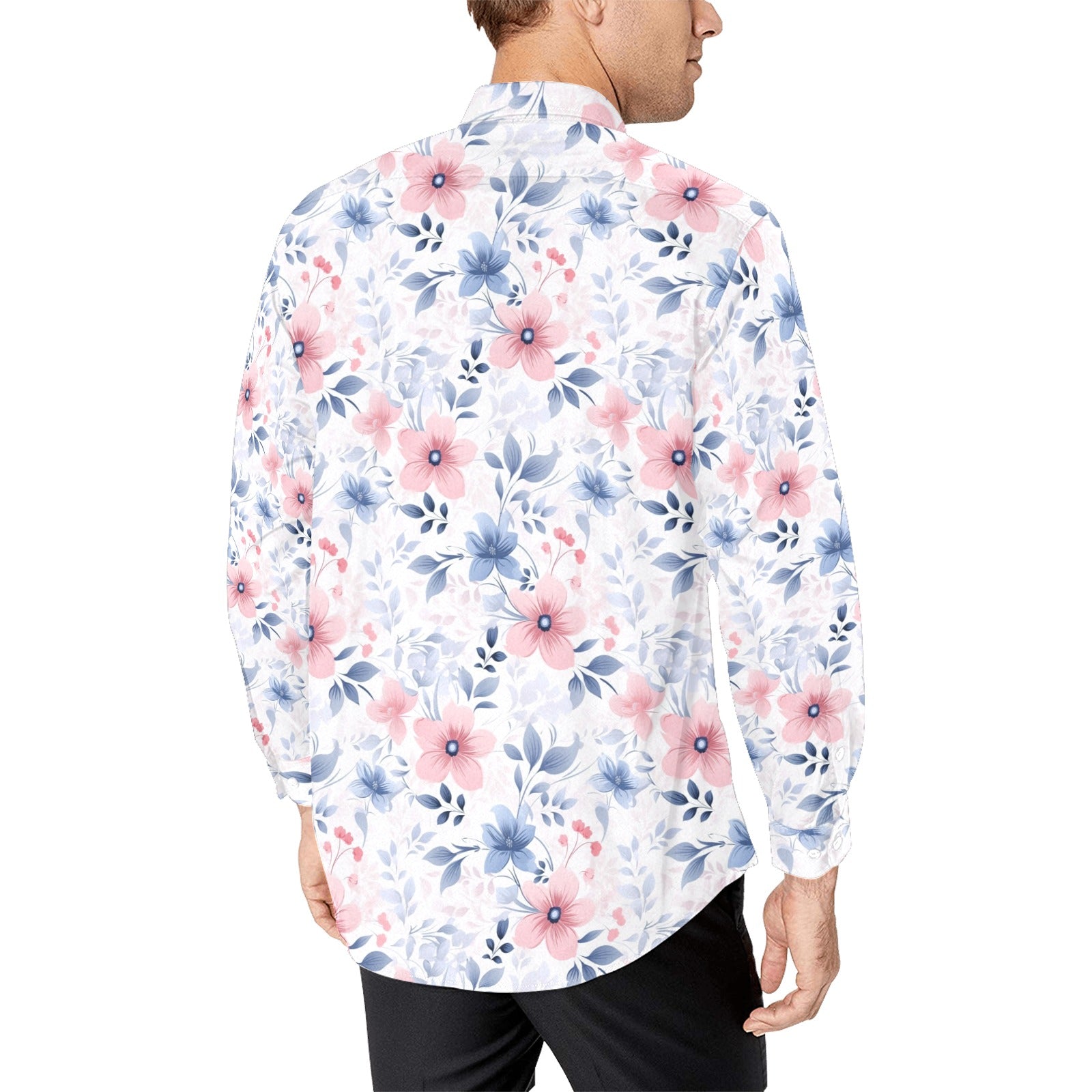 Pink Blue Floral Long Sleeve Men Button Up Shirt, White Flowers Print White Casual Buttoned Collared Designer Dress Shirt with Chest Pocket L Pink Blue Floral Long Sleeve Men Button Up Shirt, White Flowers Print White Casual Buttoned Collared Designer Dress Shirt with Chest Pocket L