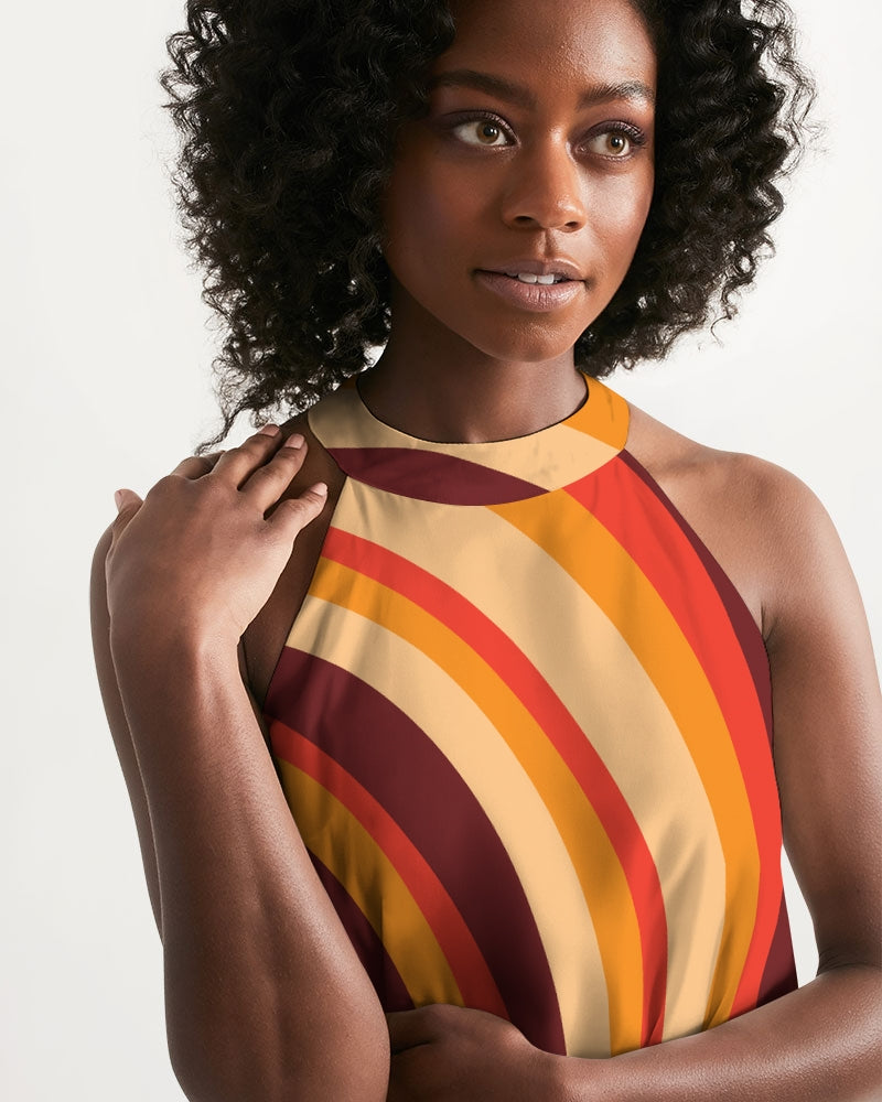 Groovy 70s Retro Women's Halter Dress, Vintage Funky 1970s Summer