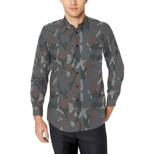 Camouflage Long Sleeve Men Button Up Shirt, Grey Brown Camo Print Buttoned Collared Casual Dress Shirt with Chest Pocket Guys