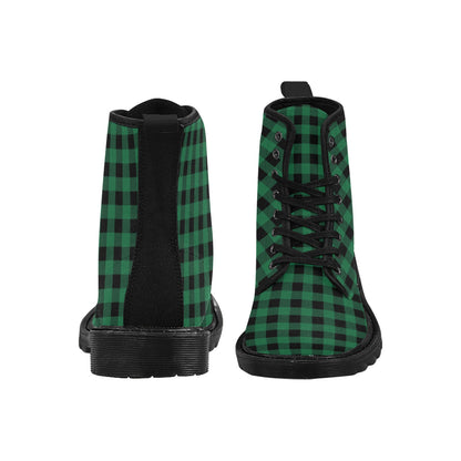 Green Buffalo Plaid Women's Boots, Black Check Lumberjack Vegan Canvas Lace Up Shoes Designer Print Army Ankle Combat Winter Casual Custom