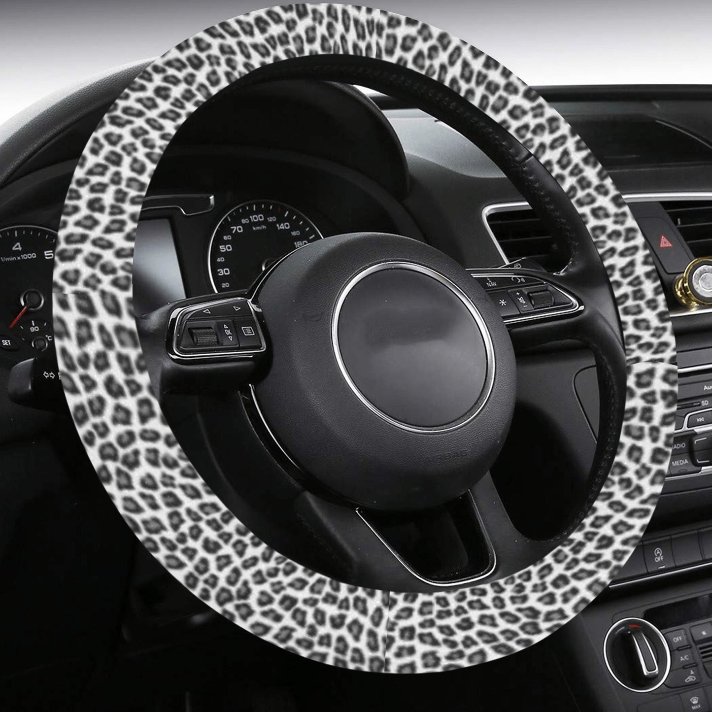 Snow Leopard Steering Wheel Cover with Anti-Slip Insert, Black white Animal Print Car Auto Wrap Protector Accessories Starcove Fashion