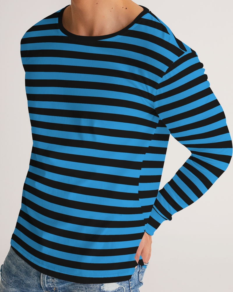 Blue Black Stripes Men Long Sleeve Tshirt, Striped Unisex Women Designer Graphic Aesthetic Crew Neck Tee Starcove Fashion