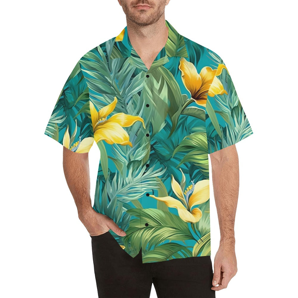 Tropical Leaves Men Hawaiian shirt, Green Yellow Flowers Vintage Aloha Hawaii Retro Summer Tropical Beach Plus Size Cool Button Down Shirt Starcove Fashion