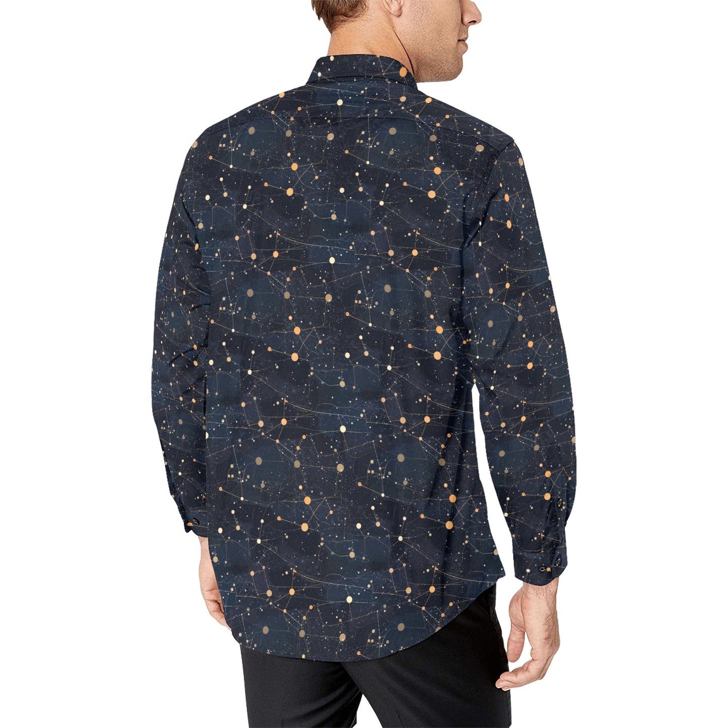 Constellation Space Long Sleeve Men Button Up Shirt, Universe Stars Print Dress Buttoned Collared Casual Dress Shirt with Chest Pocket Starcove Fashion