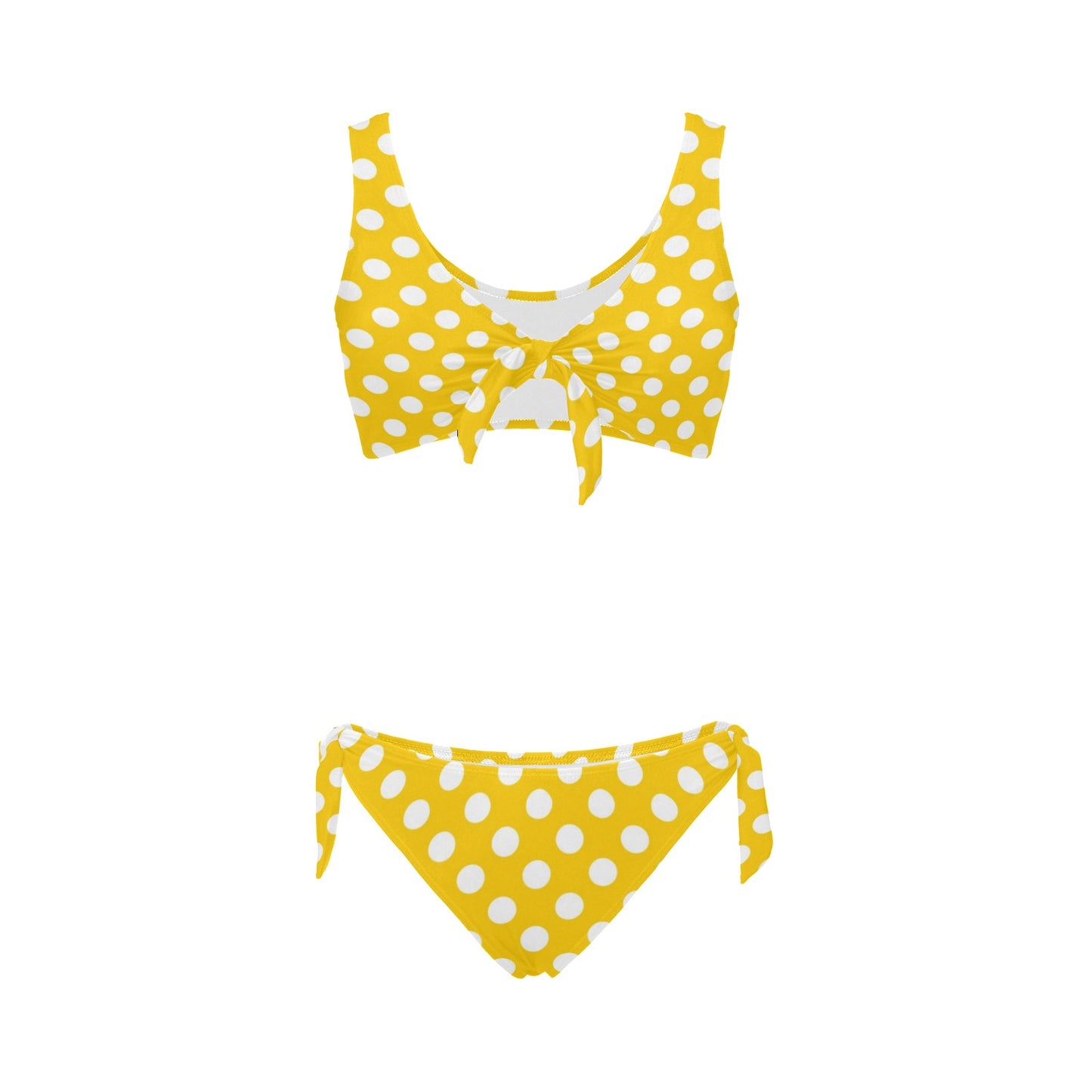 Yellow Polka Dot Bikini Set, Two Piece Front Bow Tie Knot Swimsuit Women High Waisted Bottom Top Sexy String Swimsuits Padded Swimwear