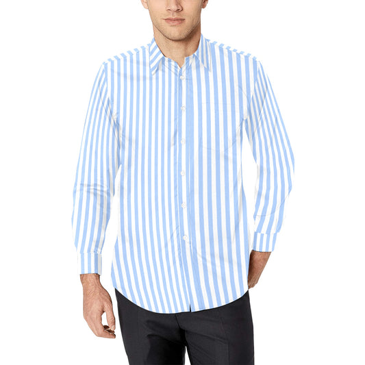 Light Blue Striped Long Sleeve Men Button Up Shirt, White Print Buttoned Collared Dress Shirt with Chest Pocket