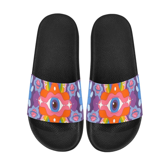 Psychedelic Women Slide Sandals, Funky Eye Trippy Groovy Party Shoe Festival Designer Wedge Slippers Flip Flops Slip On