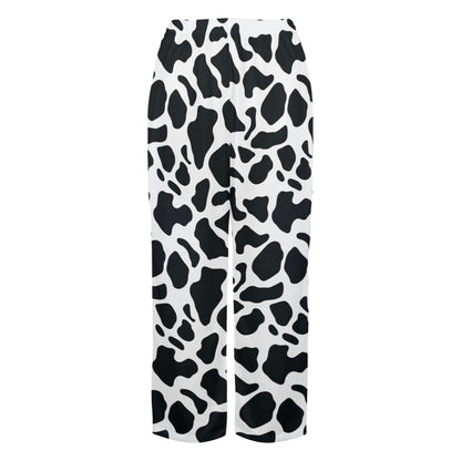 Cow Print Women Pajamas Pants, Black and White Animal Pattern Satin PJ Funny Pockets Trousers Couples Matching Ladies Trousers Bottoms
