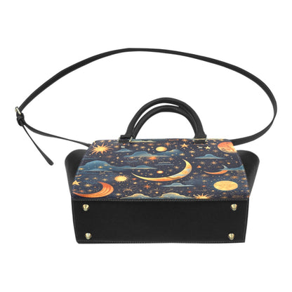 Celestial Purse Handbag, Cute Sun Moon Stars Vegan Leather Designer Women Gift Satchel Top Zip Handle Bag Shoulder Strap Ladies