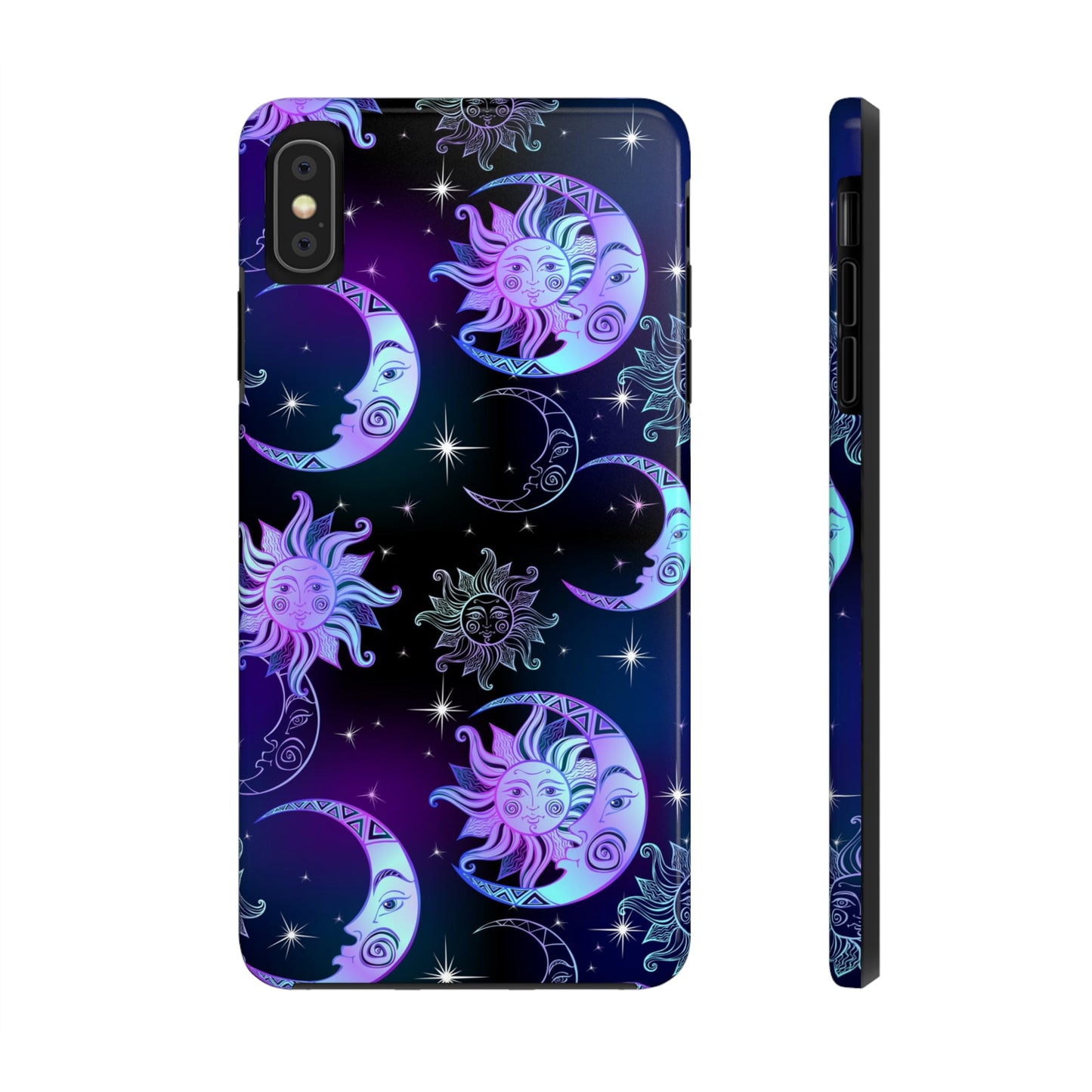 Sun Moon Stars Tough Phone Case, Celestial Purple iPhone 14 13 Pro Max 12 11 X XR XS SE 7 8 Plus Cell Cover Cool Aesthetic