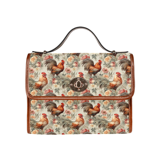 Chicken Flowers Canvas Satchel bag, Vintage Farm Animals Waterproof Cottagecore Brown Cute Women Crossbody Purse Vegan Leather Strap Handbag - Starcove Fashion