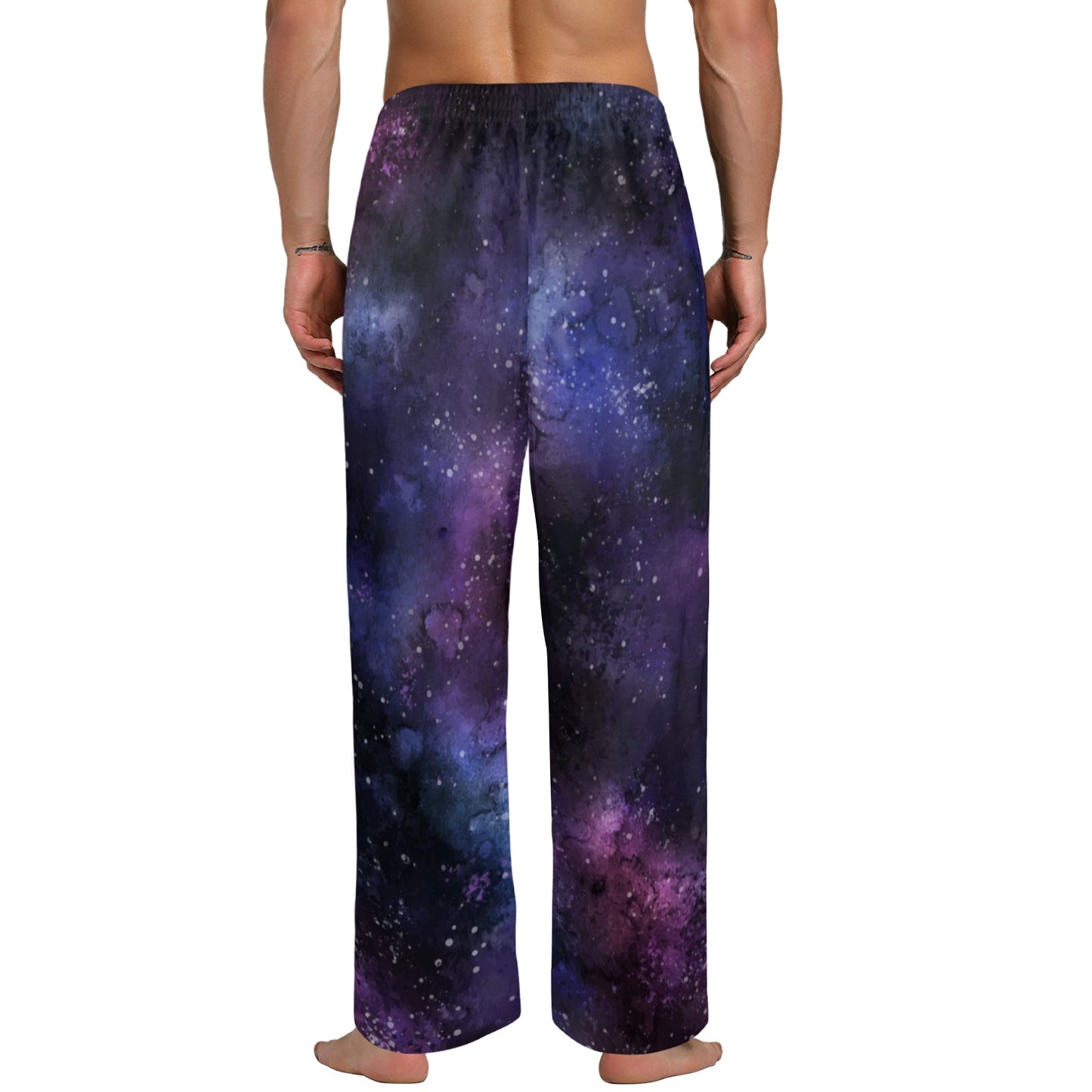 Galaxy Space Men Pajamas Pants, Universe Cosmos Purple Satin PJ Pockets Sleep Lounge Trousers Couples Matching Trousers Bottoms